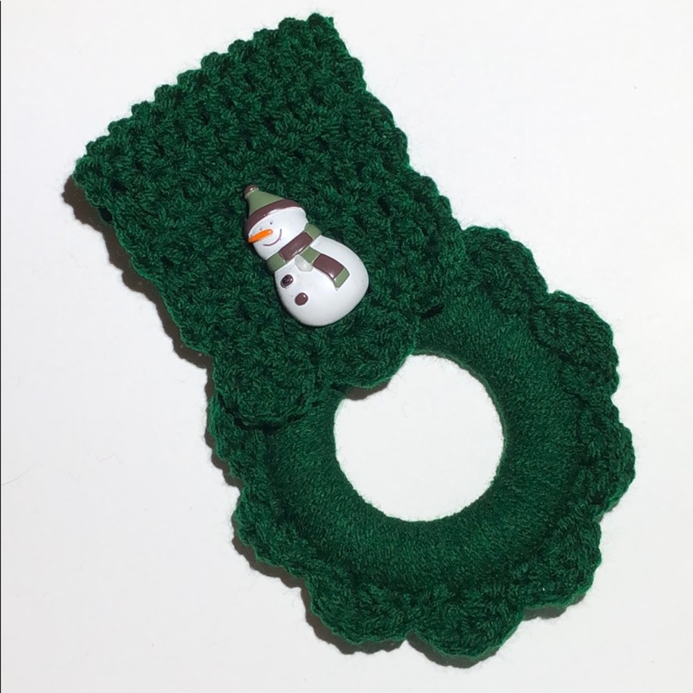 Snowman kitchen towel hanger hand crochet green